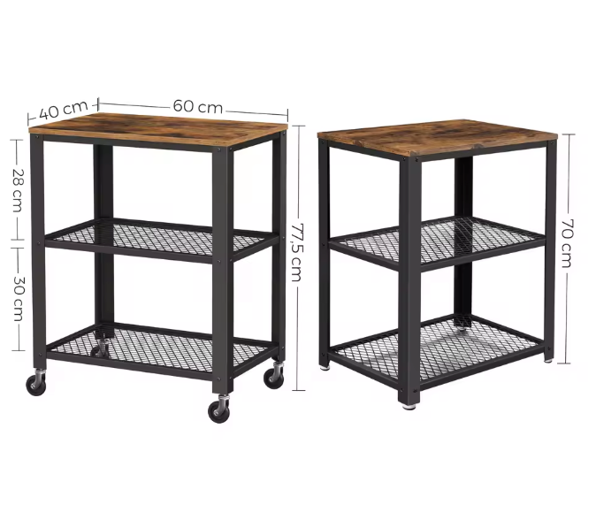 Industriële serveerwagen 3-laags met houtlook en wielen