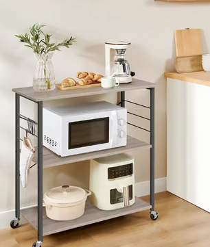 Keukentrolley met 3 Planken – Metaal & Hout, Incl. Haken & Wielen