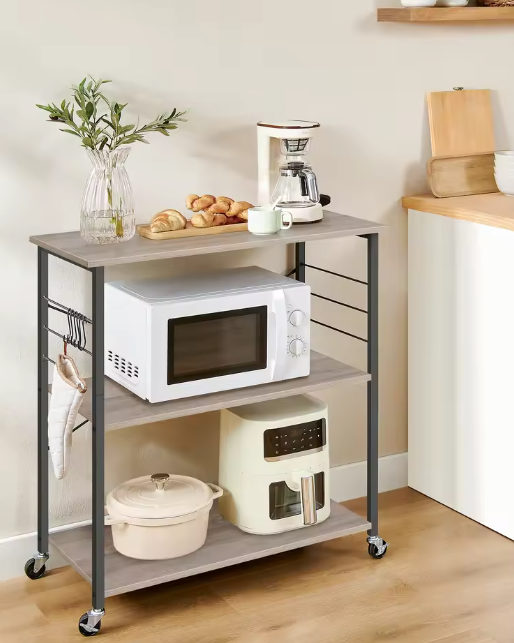 Keukentrolley met 3 Planken – Metaal & Hout, Incl. Haken & Wielen