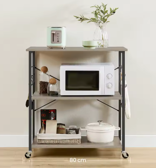 Keukentrolley met 3 Planken – Metaal & Hout, Incl. Haken & Wielen
