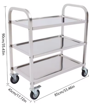 Roestvrijstalen Serveerwagen – 3 Lagen & Wielen, 85×45×90 cm