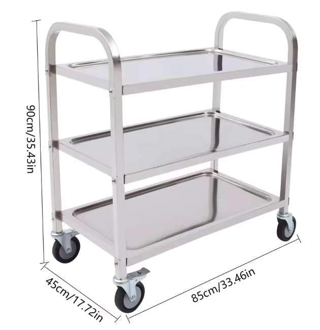 Roestvrijstalen Serveerwagen – 3 Lagen & Wielen, 85×45×90 cm