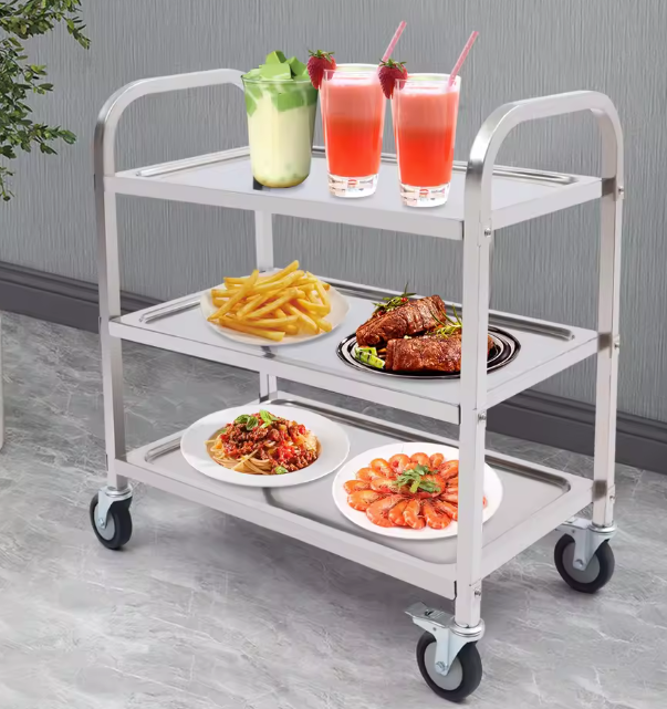 Roestvrijstalen Serveerwagen – 3 Lagen & Wielen, 85×45×90 cm
