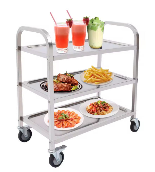 Roestvrijstalen Serveerwagen – 3 Lagen & Wielen, 85×45×90 cm