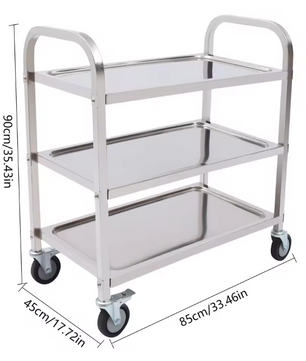 Roestvrijstalen Serveerwagen – 3 Lagen & Wielen, 85×45×90 cm