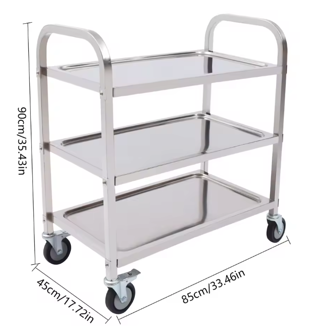 Roestvrijstalen Serveerwagen – 3 Lagen & Wielen, 85×45×90 cm