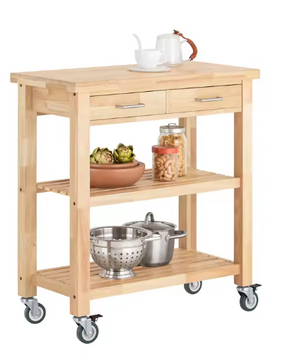 Rubberhouten Keukentrolley met Lades en Wielen – 80×40×90 cm