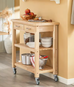 Rubberhouten Keukentrolley met Lades en Wielen – 80×40×90 cm
