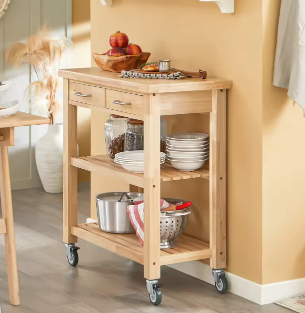 Rubberhouten Keukentrolley met Lades en Wielen – 80×40×90 cm