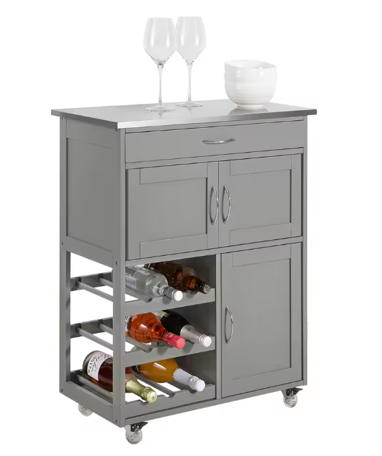 Lichtgrijze Keukentrolley met Lade, Deuren & Flessenrek – 67×87×38 cm