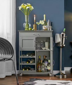 Lichtgrijze Keukentrolley met Lade, Deuren & Flessenrek – 67×87×38 cm