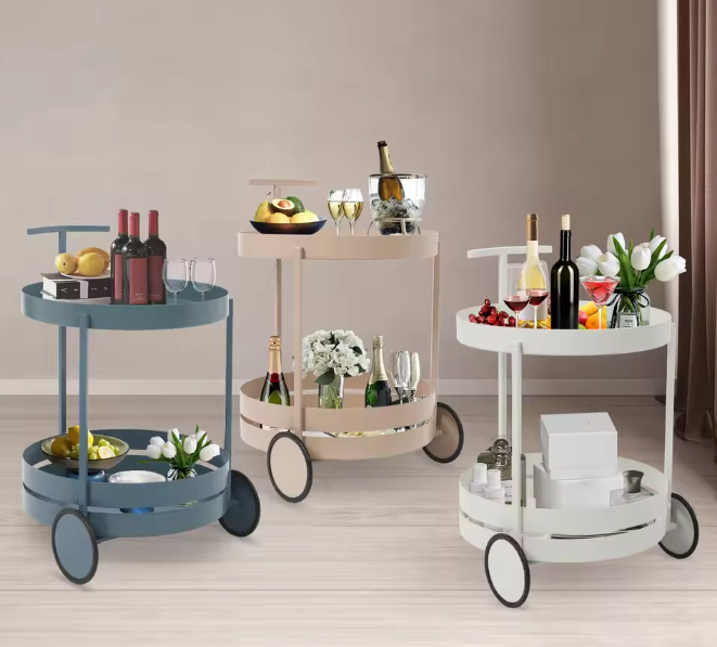 Ronde Serveerwagen met Wielen – IJzeren Trolley, 2 Niveaus