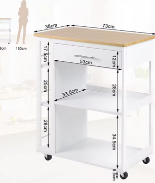 Keukentrolley met Lade, Werkblad & Planken – 73×88×38 cm