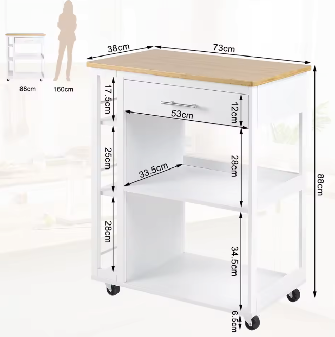 Keukentrolley met Lade, Werkblad & Planken – 73×88×38 cm