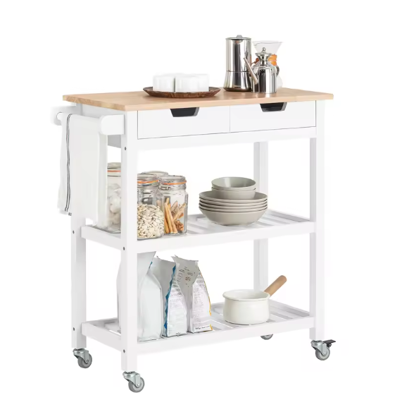 Keukentrolley met Lade & Planken – Houten Werkblad, 85×90×39 cm