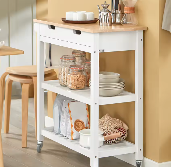 Keukentrolley met Lade & Planken – Houten Werkblad, 85×90×39 cm
