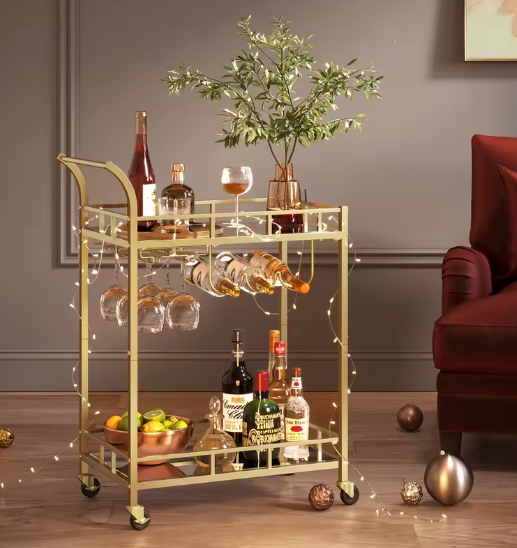 Luxe Serveerwagen met Glashouders – Goudkleurig, 90 cm Hoog