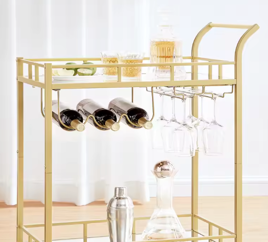 Luxe Serveerwagen met Glashouders – Goudkleurig, 90 cm Hoog