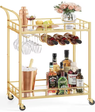 Luxe Serveerwagen met Glashouders – Goudkleurig, 90 cm Hoog