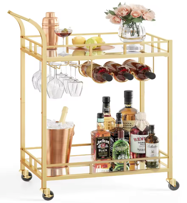 Luxe Serveerwagen met Glashouders – Goudkleurig, 90 cm Hoog