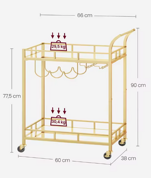 Luxe Serveerwagen met Glashouders – Goudkleurig, 90 cm Hoog