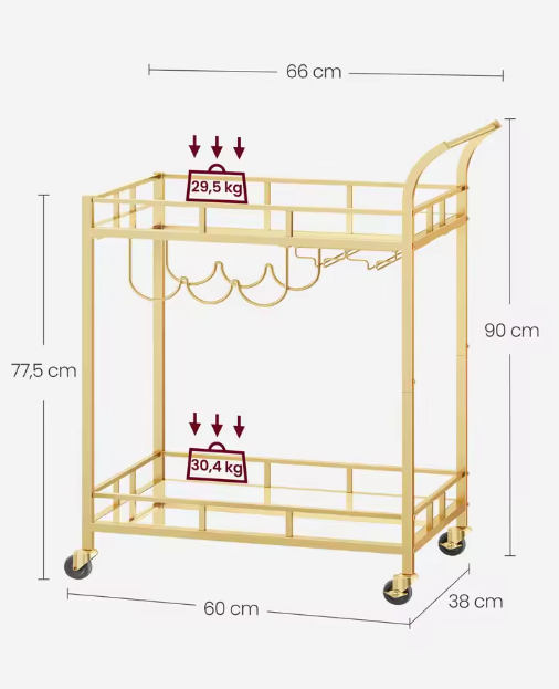 Luxe Serveerwagen met Glashouders – Goudkleurig, 90 cm Hoog