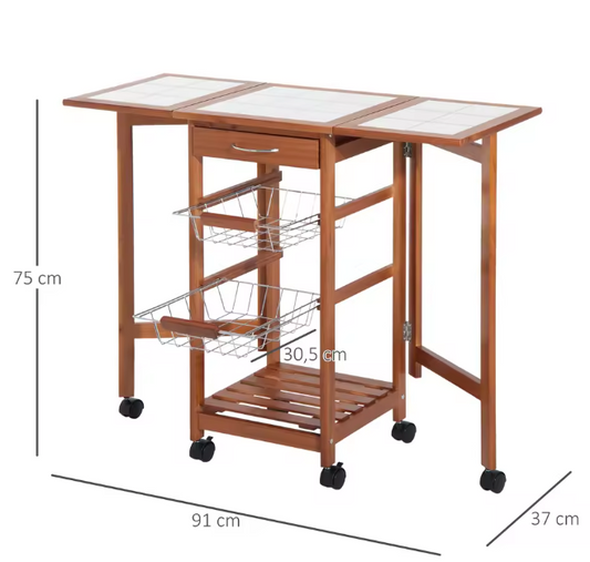 Opvouwbare Keukentrolley met Keramisch Blad en Lades – 91×37×75 cm