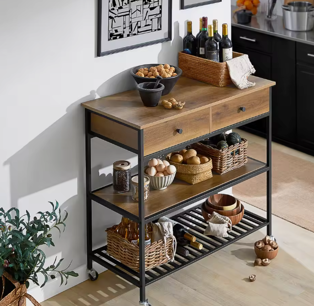 Industriële Serveerwagen met 5 Planken – Metaal & MDF, 110×92×45 cm