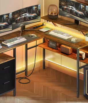 L-vormig bureau met LED, lades en monitorstandaard