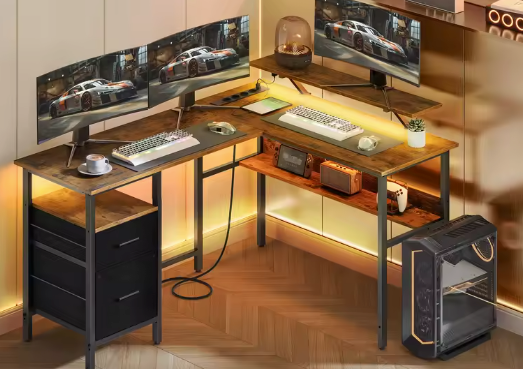 L-vormig bureau met LED, lades en monitorstandaard