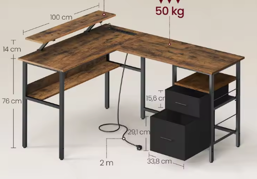 L-vormig bureau met LED, lades en monitorstandaard