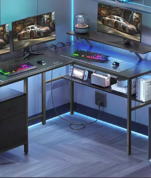 L-vormig bureau met LED, lades en monitorstandaard