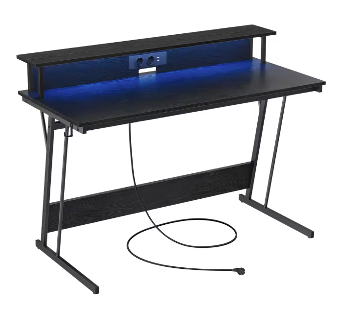Bureau met LED-verlichting, stopcontacten en monitorstandaard