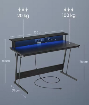 Bureau met LED-verlichting, stopcontacten en monitorstandaard