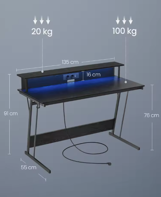 Bureau met LED-verlichting, stopcontacten en monitorstandaard