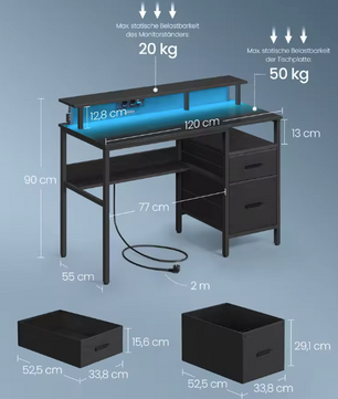 Computertafel met LED, Lades & Stopcontacten – 120 cm Breed