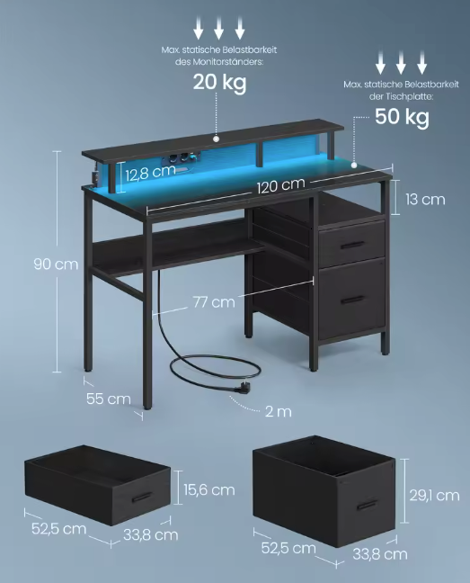 Computertafel met LED, Lades & Stopcontacten – 120 cm Breed