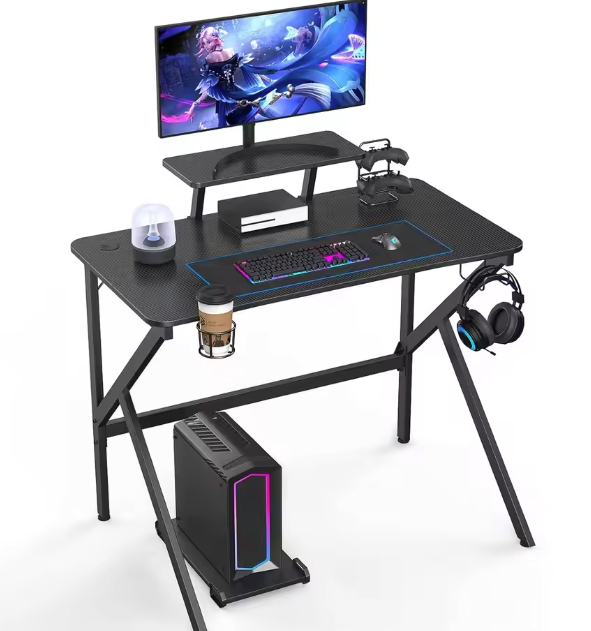 Gamingbureau met Bekerhouder, Headsethaak & Monitorstandaard – Ergonomisch Design, Zwart