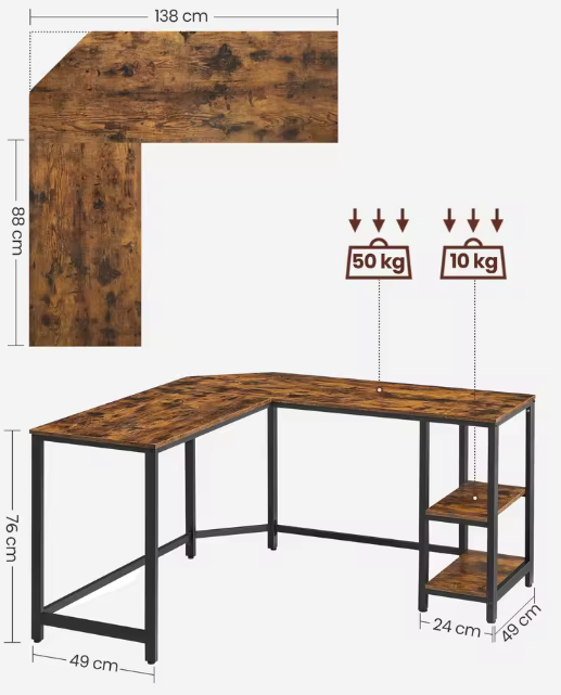 L-vormig Hoekbureau met 2 Planken – Verstelbaar & Industrieel Design