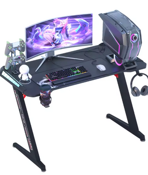 Gamingbureau met RGB-verlichting – 140 cm, Hoofdtelefoonhaak & Bekerhouder