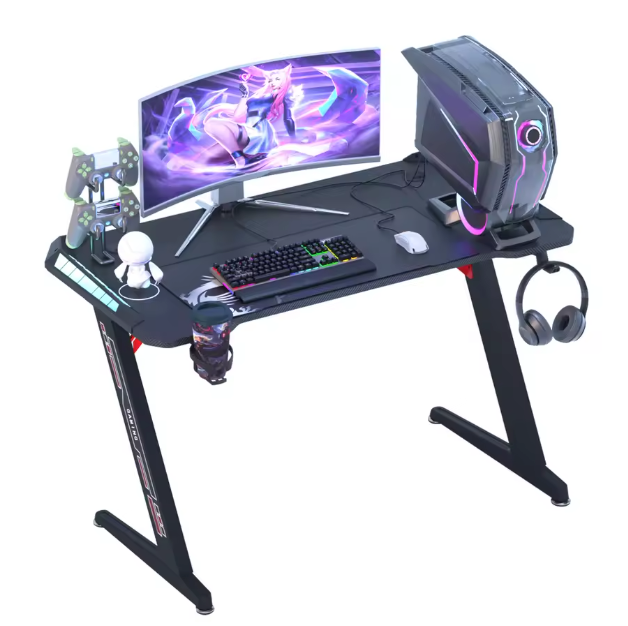 Gamingbureau met RGB-verlichting – 140 cm, Hoofdtelefoonhaak & Bekerhouder