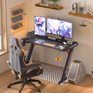 Gamingbureau met RGB-verlichting – 140 cm, Hoofdtelefoonhaak & Bekerhouder