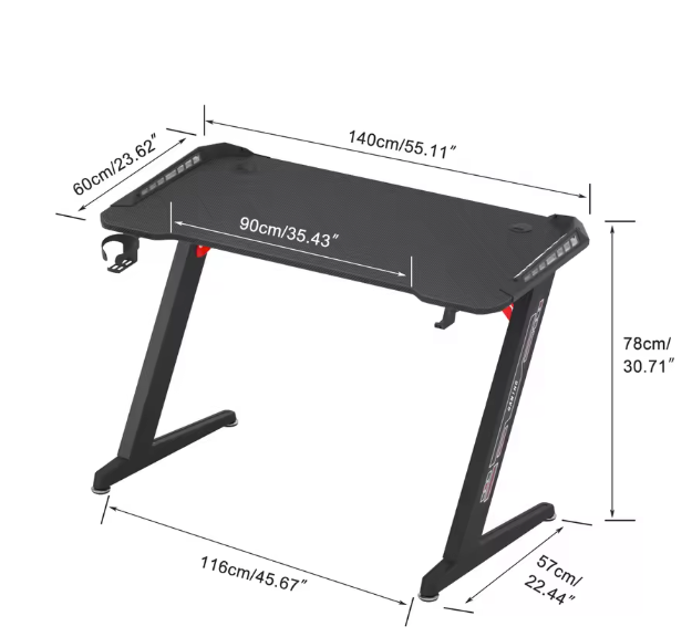 Gamingbureau met RGB-verlichting – 140 cm, Hoofdtelefoonhaak & Bekerhouder