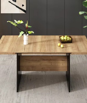 Uitschuifbare Eettafel 140–180 cm – MDF Tafelblad met Houtnerf & Zwarte Zijpanelen, Geschikt voor 4–6 Personen