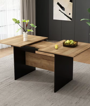 Uitschuifbare Eettafel 140–180 cm – MDF Tafelblad met Houtnerf & Zwarte Zijpanelen, Geschikt voor 4–6 Personen