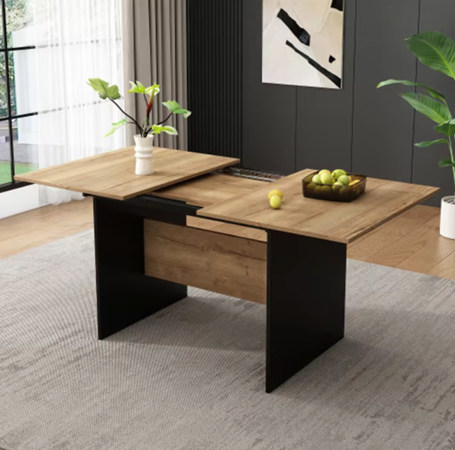 Uitschuifbare Eettafel 140–180 cm – MDF Tafelblad met Houtnerf & Zwarte Zijpanelen, Geschikt voor 4–6 Personen
