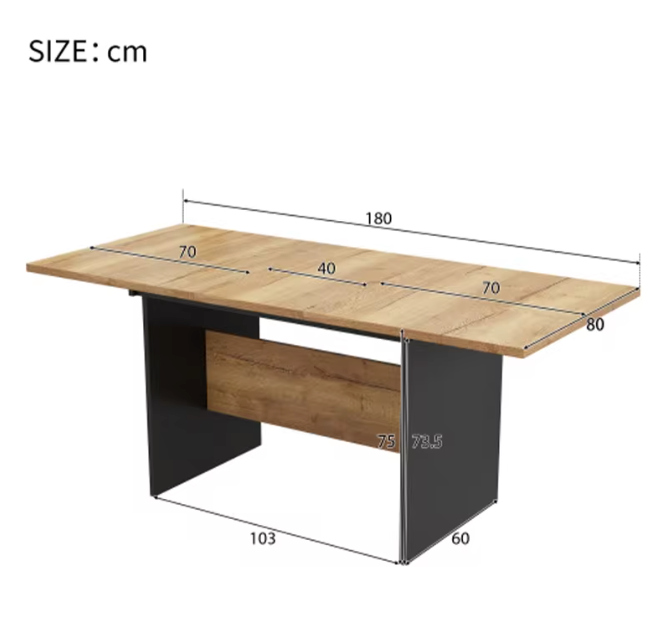 Uitschuifbare Eettafel 140–180 cm – MDF Tafelblad met Houtnerf & Zwarte Zijpanelen, Geschikt voor 4–6 Personen