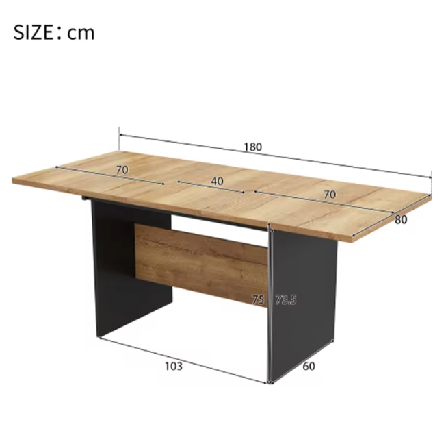 Uitschuifbare Eettafel 140–180 cm – MDF Tafelblad met Houtnerf & Zwarte Zijpanelen, Geschikt voor 4–6 Personen