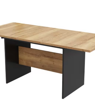 Uitschuifbare Eettafel 140–180 cm – MDF Tafelblad met Houtnerf & Zwarte Zijpanelen, Geschikt voor 4–6 Personen