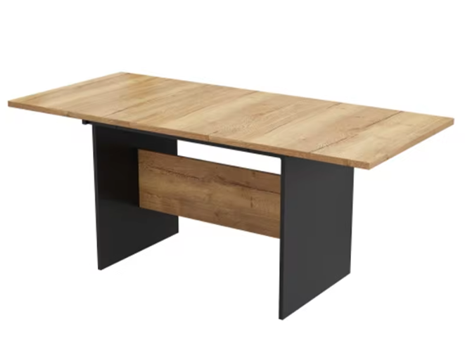 Uitschuifbare Eettafel 140–180 cm – MDF Tafelblad met Houtnerf & Zwarte Zijpanelen, Geschikt voor 4–6 Personen